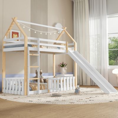 Lit superposé pour enfants avec toboggan,90x200cm,blanc+ naturel,forme de toit raffinée