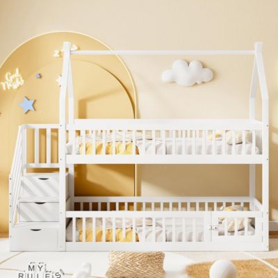 Lit superposé pour enfants en bois massif,90x200cm,blanc, avec toit, échelle de sécurité et tiroirs de rangement