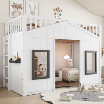 Lit superpose cabane 90X200 cm blanc, naturel, escalier, barriere, cadre pin, fenetre