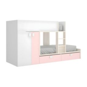 Lits Superposés 2 x 90 x 190 cm  - Armoire intégrée - Blanc, naturel et rose - JUANITO