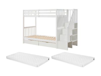 Lits superposés 90 x 190 cm avec tiroirs - Pin et MDF - Blanc + Matelas - ZILENI