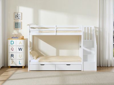 Lits superposés 90 x 190 cm avec tiroirs - Pin et MDF - Blanc + Matelas - ZILENI