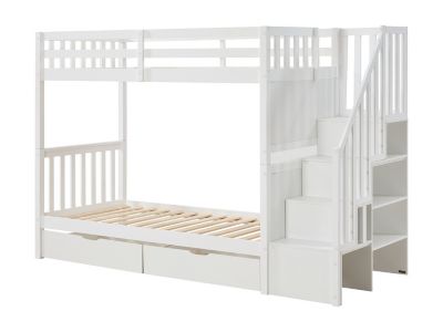 Lits superposés 90 x 190 cm avec tiroirs - Pin et MDF - Blanc + Matelas - ZILENI
