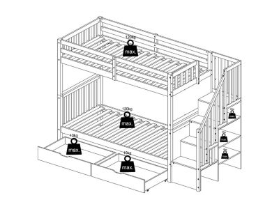 Lits superposés 90 x 190 cm avec tiroirs - Pin et MDF - Blanc + Matelas - ZILENI
