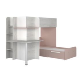 Lits superposés d'angle 2 x 90 x 190 cm - Avec bureau - Gris, blanc et rose - SAMUEL