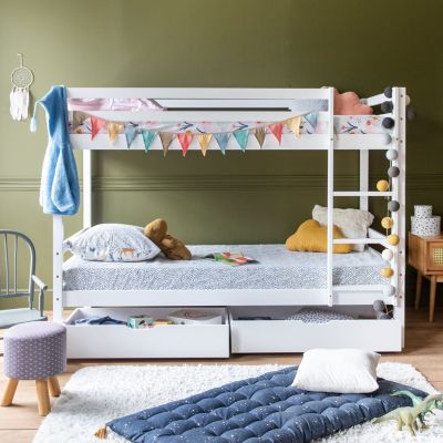 Lits superposés pour enfants 190x90cm blanc avec tiroirs AMBRE - HAPPY GARDEN
