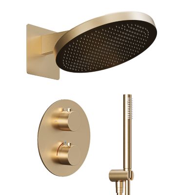 Lomazoo Set De Douche Encastré Or Doré - Pomme de Douche 30 cm - avec Robinet Thermostatique - avec douchette bâton - Ayla