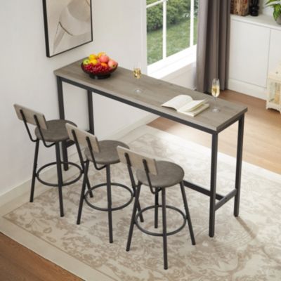 Longue table bar industriel gris noir rustique avec 3 tabourets rembourrés PU, adaptée cuisine, salle à manger et salon