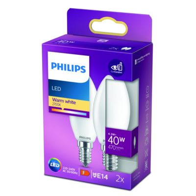 Lot 2 ampoules E14 (SES) flamme 470lm 4.3W = 40W IP20 blanc chaud Philips