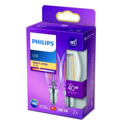 Lot 2 ampoules E14 (SES) flamme transparent 470lm 4.3W IP20 blanc chaud Philips