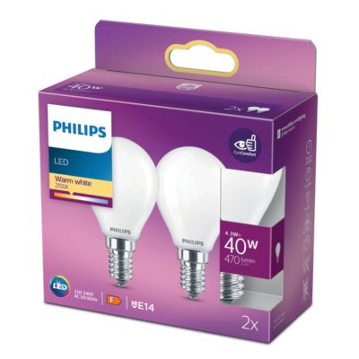 Lot 2 ampoules E14 (SES) standard 470lm 4.3W = 40W IP20 blanc chaud Philips