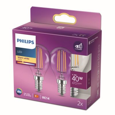 Lot 2 ampoules E14 (SES) standard transparent 470lm 4.3W IP20 blanc chaud Philips
