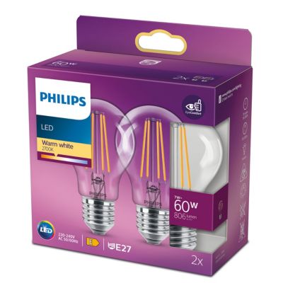 Lot 2 ampoules E27 A60 806lm 7W = 60W IP20 blanc chaud Philips