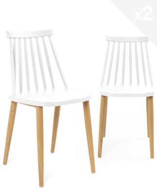 Lot 2 Chaises de Cuisine Scandinaves Plastique à Barreaux Pied Métal Ton Bois BAO (blanc)
