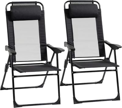 Lot 2 chaises jardin pliantes dossier reglable 5 positions accoudoirs oreiller amovible tissu oxford noir