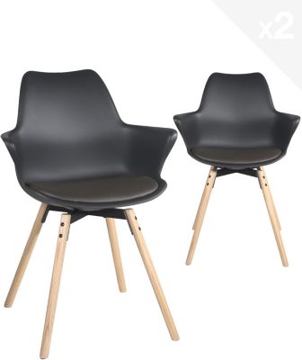 Lot 2 Chaises Scandinaves Accoudoirs Pieds Bois Clair Coussin Moti (noir Marron)
