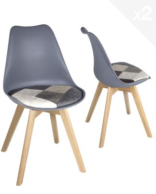 Lot 2 Chaises Scandinaves Coussin Simili Patchwork Pieds Bois Clair LAO (gris Bleu)