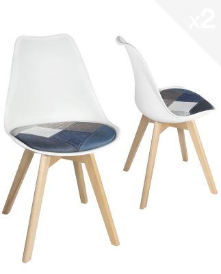 Lot 2 Chaises Scandinaves Coussin Tissu Patchwork Pieds Bois Clair LAO (bleu)