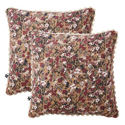 Lot 2 coussins 40 x 40 cm en gaze de coton camel et fleuri - ISABELA 1