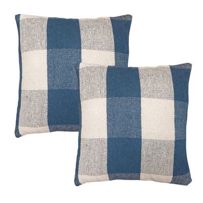 Lot 2 coussins carrés 40 x 40 cm coton brodé de carreaux bleu - ATLAS