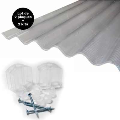 Lot 2 plaques polycarbonate ondulées alvéolaire GO 177/51 mm + 2 kits de fixation Translucide, l.92cm, L.200 cm