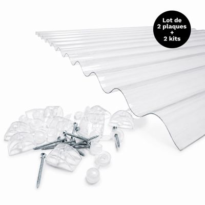 Lot 2 plaques polycarbonate ondulées PO 76/18 + 2 kits de fixation Translucide, l.90 cm, L.200 cm