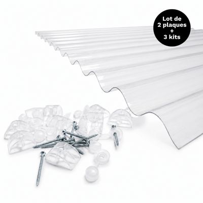 Lot 2 plaques polycarbonate ondulées PO 76/18 + 3 kits de fixation Translucide, l.90 cm, L.250 cm