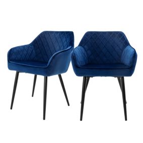 Lot 2x chaises de salle à manger rembourré en velours fauteuils salon bleu foncé