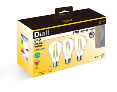 Lot 3 ampoules LED à filament GLS E27 1521lm 10.5W = 100W Ø7cm IPX4 Diall blanc chaud