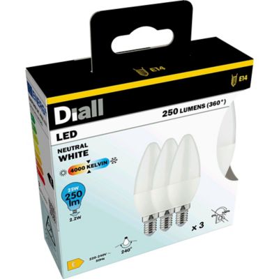 Lot 3 ampoules LED flamme E14 250lm 2.2W = 25W Ø3.5cm Diall blanc neutre