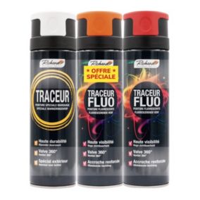 Lot 3 peintures aérosol traceur fluorescente haute durabilité Richard blanc, orange et rouge 400ml