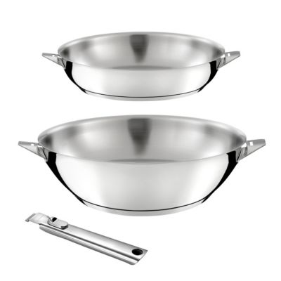 Lot 3 pièces - Wok 28 cm, Poêle 24 cm et Poignée amovible Inox - Eclipse par Cuisinox