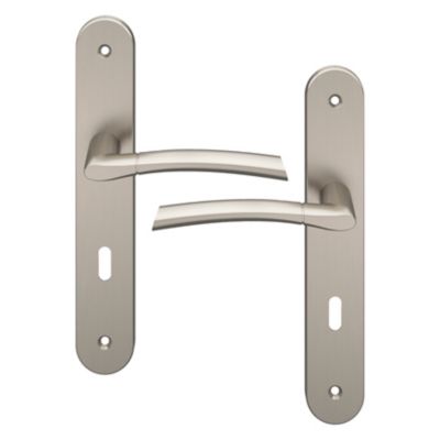 Lot 3 poignées sur plaque rond serrure GoodHome Hirel effet nickel satin gris L.128mm x l.40mm entraxe 195mm