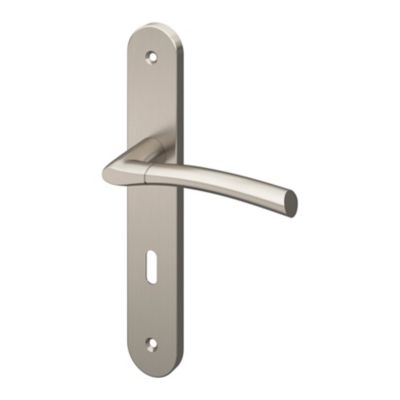 Lot 3 poignées sur plaque rond serrure GoodHome Hirel effet nickel satin gris L.128mm x l.40mm entraxe 195mm