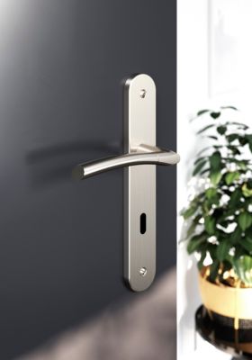 Lot 3 poignées sur plaque rond serrure GoodHome Hirel effet nickel satin gris L.128mm x l.40mm entraxe 195mm