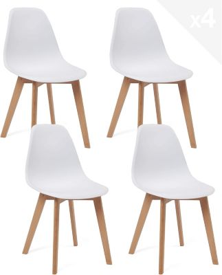 Lot 4 Chaises de Cuisine Scandinaves Siège Plastique Souple Pieds Bois NAO (blanc)