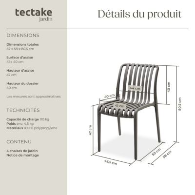 Lot 4 chaises de jardin résistantes intempéries empilables anthracite