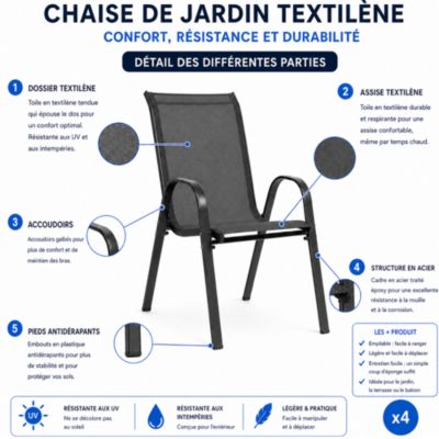 Lot 4 chaises de jardin textilène empilables avec accoudoirs, structure métal 54,5x64x90 cm, 150 kg - gris