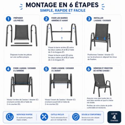 Lot 4 chaises de jardin textilène empilables avec accoudoirs, structure métal 54,5x64x90 cm, 150 kg - gris