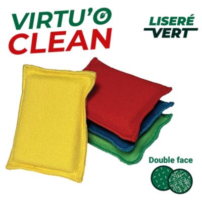Lot 4 éponges en microfibre recyclée double-face Virtu'O Clean Liseré Vert - jaune, bleu, vert, rouge L.16 x l.10 cm