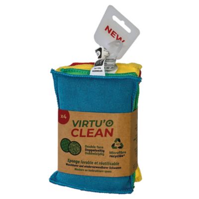 Lot 4 éponges en microfibre recyclée double-face Virtu'O Clean Liseré Vert - jaune, bleu, vert, rouge L.16 x l.10 cm