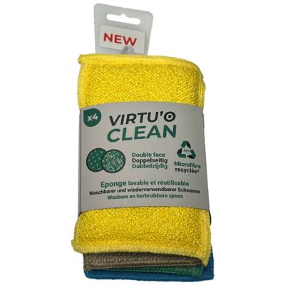 Lot 4 éponges microfibre double-face Virtuo clean Passat jaune, bleu, vert, beige L.22 x l.10 cm