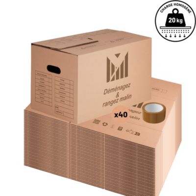 Lot 40 Cartons Déménagement 50x30x30 cm Poignées Renforcées + Adhésif 68m - Fabriqué en France