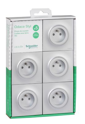 Lot 5 prises 2 pôles+terre Schneider electric Odace Aluminium