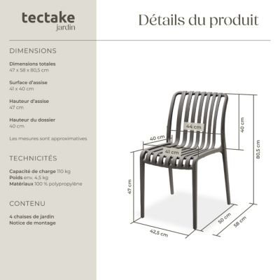 Lot 6 chaises de jardin résistantes intempéries empilables anthracite