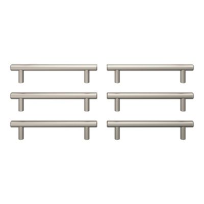 Lot 6 poignées de meuble en T GoodHome Dizel acier effet nickel satin gris l.168mm x l.12mm x H. 35mm entraxe 128mm