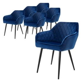 Lot 6x chaises de salle à manger rembourré en velours fauteuils salon bleu foncé