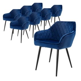 Lot 8x chaises de salle à manger rembourré en velours fauteuils salon bleu foncé