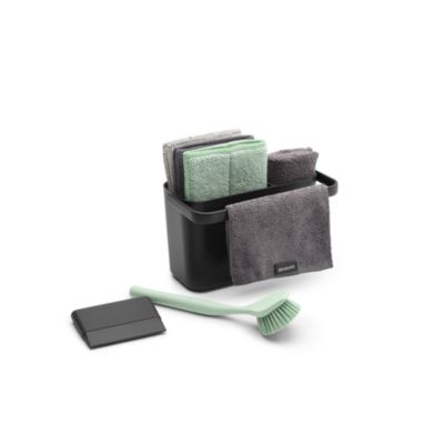 Lot d'accessoires de cuisine avec brosse à vaisselle, raclette, 3 éponges en microfibres et 2 chiffons de nettoyage, gris foncé, Brabantia SinkSide
