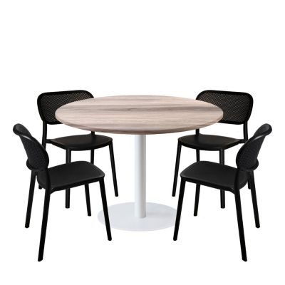 Lot de 1 table ronde120cm et 4 chaises - pied blanc plateau chêne tages - Restootab
